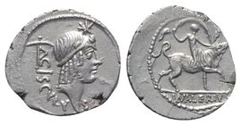Roman Imperatorial, L. Valerius Acisculus, Rome, 45 BC. AR Denarius (19mm, 3.87g, 3h). Diademed head of Apollo Soranus r. surmounted by star; pickax (...
