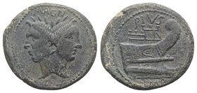 Sextus Pompey, Sicilian mint, 43-36 BC. Æ As (33mm, 23.32g, 6h). Laureate head of Janus with features of Pompey the Great. R/ Prow of galley r. Crawfo...