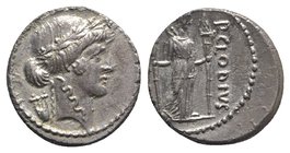 Roman Imperatorial, P. Clodius M.f. Turrinus, Rome, 42 BC. AR Denarius (18mm, 3.65g, 1h). Laureate head of Apollo r.; lyre behind. R/ Diana Lucifera s...
