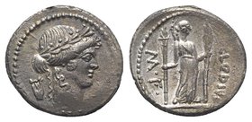 Roman Imperatorial, P. Clodius M.f. Turrinus, Rome, 42 BC. AR Denarius (18mm, 3.60g, 5h). Laureate head of Apollo r.; lyre behind. R/ Diana Lucifera s...