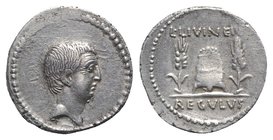 Roman Imperatorial, L. Livineius Regulus, Rome, 42 BC. AR Denarius (18mm, 3.97g, 11h). Head of the praetor Livineius Regulus r. R/ Modius between two ...