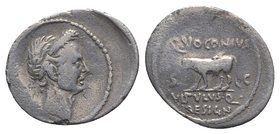 Divus Julius Caesar, Rome, 40 BC. AR Denarius (22mm, 3.30g, 6h). Q. Voconius Vitulus, moneyer. Wreathed head of Caesar r. R/ Bull-calf walking l. Craw...