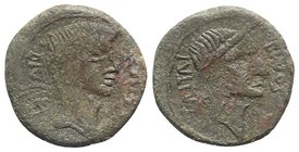 Octavian and Divus Julius Caesar, South Italy, 38 BC. Æ Sestertius (or Dupondius?) (28mm, 9.52g, 3h). Bare head of Octavian r. R/ Wreathed head of Div...