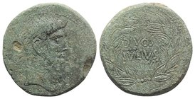 Octavian and Divus Julius Caesar, South Italy, 38 BC. Æ Sestertius (or Dupondius?) (30.5mm, 17.67g, 7h). Bare head of Octavian r.; star of eight rays ...