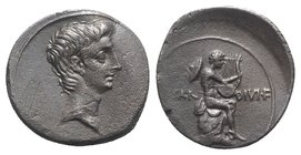 Octavian, Rome(?), Autumn 32-summer 31 BC. AR Denarius (20mm, 3.63g, 9h). Bare head of Octavian r. R/ Mercury (or Apollo?) seated r. on rock, playing ...