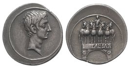 Octavian, Autumn 30-summer 29 BC. AR Denarius (21mm, 3.87g, 5h). Italian (Rome?) mint. Bare head r. R/ Octavian’s Actian arch (arcus Octaviani), showi...