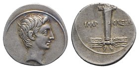 Octavian, Autumn 30-summer 29 BC. AR Denarius (18mm, 3.76g, 6h). Italian (Rome?) mint. Bare head r. R/ Ithyphallic boundary-stone of Jupiter Terminus,...