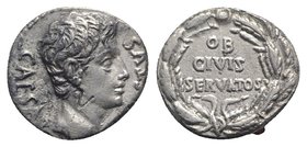 Augustus (27 BC-AD 14). AR Denarius (17mm, 3.79g, 6h). Uncertain Spanish mint (Colonia Patricia?), 19-18 BC. Bare head r. R/ OB/ CIVIS/ SERVATOS in th...