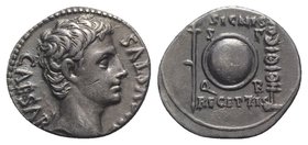 Augustus (27 BC-AD 14). AR Denarius (19mm, 3.83g, 6h). Uncertain Spanish mint (Colonia Patricia?), c. 19 BC. Bare head r. R/ Round shield; aquila and ...