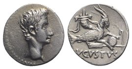 Augustus (27 BC-AD 14). AR Denarius (17mm, 3.76g, 6h). Spanish mint (Colonia Patricia?), 17-16 BC. Bare head r. R/ Capricorn r., holding globe attache...
