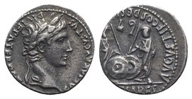 Augustus (27 BC-AD 14). AR Denarius (17mm, 3.81g, 11h). Lugdunum, 2 BC-AD 4. Laureate head r. R/ Caius and Lucius Caesars standing facing, holding shi...