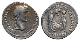 Augustus (27 BC-AD 14). AR Denarius (20mm, 3.50g, 6h). Lugdunum, 2 BC-AD 4. Laureate head r. R/ Caius and Lucius Caesars standing facing, holding shie...