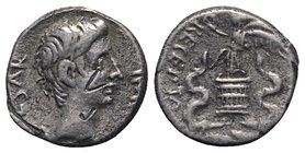Augustus (27 BC-AD 14). AR Quinarius (12mm, 1.82g, 1h). Uncertain Italian or Ephesus, 29-8 BC. Bare head r. R/ Victory standing l. on cista mystica, h...