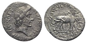 Augustus (27 BC-AD 14). AR Denarius (19mm, 3.03g, 9h). Rome. M. Durmius, moneyer, 19/8 BC. Head of Honos r. R/ Augustus driving biga of elephants l., ...