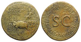 Divus Augustus (died AD 14). Æ Sestertius (36mm, 24.99g, 12h). Rome, c. AD 35-6. Augustus, radiate and holding laurel branch and sceptre, seated l. in...