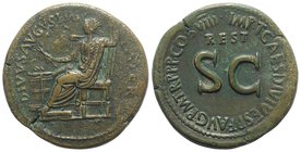 Divus Augustus (died AD 14). Æ Sestertius (35mm, 25.96g, 6h). Rome, struck under Titus, c. AD 80-1. Augustus, radiate, holding branch and sceptre, sea...