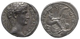Augustus (27 BC-AD 14). Seleucis and Pieria, Antioch. AR Tetradrachm (27.5mm, 15.28g, 12h), year 26 of the Actian Era (5 BC). Laureate head r. R/ Fort...