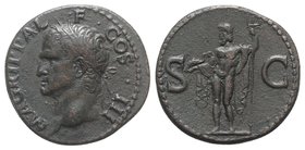 Agrippa (died 12 BC). Æ As (28mm, 11.64g, 6h). Rome, AD 37-41. Head l., wearing rostral crown. R/ Neptune standing l., holding small dolphin and tride...