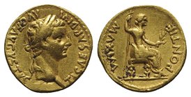 Tiberius (14-37). AV Aureus (19mm, 7.77g, 9h). Lugdunum, 19-35. Laureate head r. R/ Livia (as Pax) seated r. on chair, holding sceptre in r. hand and ...