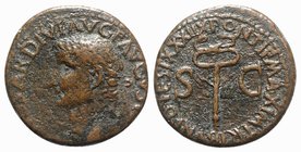 Tiberius (14-37). Æ As (26mm, 9.79g, 12h). Rome, 35-6. Laureate head l. R/ Legend around winged caduceus. RIC I 65. Brown patina, Good Fine