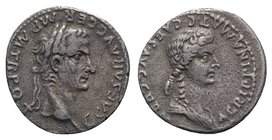 Gaius (Caligula) with Agrippina Senior (37-41). AR Denarius (17mm, 3.42g, 6h). Lugdunum, 37-8. Laureate head of Gaius r. R/ Draped bust of Agrippina r...
