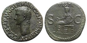 Gaius (Caligula, 37-41). Æ As (28.5mm, 11.06g, 6h). Rome, 37-8. Bare head l. R/ Vesta seated l. on ornamental throne, holding patera and sceptre. RIC ...