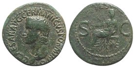 Gaius (Caligula, 37-41). Æ As (29mm, 10.60g, 6h). Rome, 37-8. Bare head l. R/ Vesta seated l. on ornamental throne, holding patera and sceptre. RIC I ...
