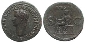Gaius (Caligula, 37-41). Æ As (30mm, 12.32g, 6h). Rome, 37-8. Bare head l. R/ Vesta seated l. on ornamental throne, holding patera and sceptre. RIC I ...