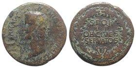 Gaius (Caligula, 37-41). Æ Sestertius (34mm, 27.93g, 6h). Rome, AD 39-40. Laureate head l. R/ S P Q R / P P / OB CIVES / SERVATOS in four lines; all w...