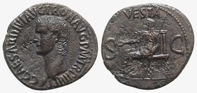 Gaius (Caligula, 37-41). Æ As (30mm, 10.33g, 6h). Rome, 40-1. Bare head l. R/ Vesta seated l. on ornamental throne, holding patera and sceptre. RIC I ...