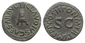 Claudius (41-54). Æ Quadrans (17mm, 2.97g, 6h). Rome, AD 41. Three-legged modius. R/ Legend around large S • C. RIC I 90. Green patina, Good VF