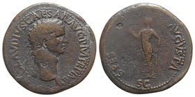 Claudius (41-54). Æ Sestertius (37mm, 26.43g, 6h). Rome, 41-2. Laureate head r. R/ Spes advancing l., holding flower and raising hem of skirt. RIC I 9...