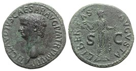 Claudius (41-54). Æ As (29mm, 10.32g, 6h). Rome, 42-3. Bare head l. R/ Libertas standing r., holding pileus and extending hand. RIC I 113. Green patin...
