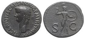 Claudius (41-54). Æ As (30mm, 10.44g, 6h). Rome. Bare head l. R/ Minerva standing r., brandishing javelin and holding shield on l. arm. RIC I 116. VF ...