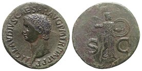 Claudius (41-54). Æ As (29.5mm, 9.21g, 7h). Rome. Bare head l. R/ Minerva standing r., brandishing javelin and holding shield on l. arm. RIC I 116. So...