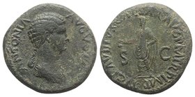 Antonia Minor (Augusta, AD 37 and 41). Æ Dupondius (30mm, 13.73g, 6h). Rome, 41-42. Draped bust r. R/ Claudius standing l., holding simpulum and volum...