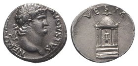 Nero (54-68). AR Denarius (17mm, 3.44g, 6h). Rome, 65-6. Laureate head r. R/ Hexastyle temple of Vesta with domed roof; statue of Vesta within. RIC I ...