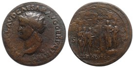 Nero (54-68). Æ Sestertius (34mm, 25.72g, 6h). Rome, c. 62-68. Laureate head l. R/ Nero standing l. with praetorian prefect on low platform to r., add...