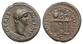 Nero (54-68). Æ Semis (19mm, 3.77g, 6h). Rome, AD 64. Laureate head r. R/ Table, seen from front and r., bearing urn and wreath, flanking S (mark of v...