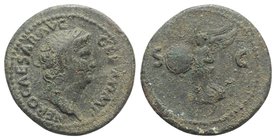 Nero (54-68). Æ As (28mm, 11.22g, 6h). Rome, c. AD 65. Laureate head r. R/ Victory flying l., holding shield inscribed S P Q R. RIC I 312. Good Fine