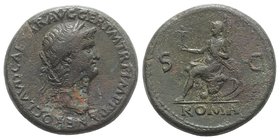 Nero (54-68). Æ Sestertius (33mm, 27.42g, 7h). Rome, AD 66. Laureate head r. R/ Roma seated l. on cuirass, holding Victory and parazonium; shields beh...