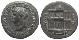 Nero (54-68). Æ Dupondius (31mm, 11.46g, 6h). Lugdunum, c. AD 65. Laureate head l., globe at point of neck. R/ Façade of the Macellum Magnum: statue s...