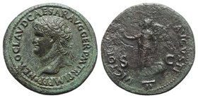 Nero (54-68). Æ Dupondius (31.5mm, 12.37g, 6h). Lugdunum, c. AD 65. Laureate head l., globe at point of bust. R/ Victory advancing l., holding wreath ...