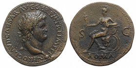 Nero (54-68). Æ Sestertius (35mm, 24.93g, 6h). Lugdunum, c. AD 65. Laureate head r., globe at point of neck. R/ Roma seated l. on cuirass, holding Vic...