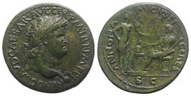 Nero (54-68). Æ Sestertius (35mm, 21.47g, 6h). Lugdunum, c. AD 67. Laureate head r., globe at point of neck. R/ Annona standing r., hand on hip and ho...