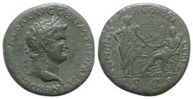 Nero (54-68). Æ Sestertius (33mm, 26.22g, 6h). Lugdunum, c. AD 67. Laureate head r., globe at point of neck. R/ Annona standing r., hand on hip and ho...