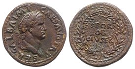 Galba (68-69). Æ Dupondius (28mm, 12.46g, 6h). Rome. Laureate head r. R/ SPQR/OB/CIV SER in three lines within oak-wreath. RIC I 290. Brown patina, Go...