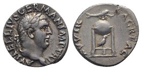 Vitellius (AD 69). AR Denarius (18mm, 3.40g, 6h). Rome, c. late April-20 December. Laureate head r. R/ Tripod-lebes surmounted by dolphin r.; below, r...
