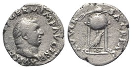 Vitellius (AD 69). AR Denarius (17mm, 2.61g, 6h). Rome, c. late April-20 December. Laureate head r. R/ Tripod-lebes surmounted by dolphin r.; below, r...