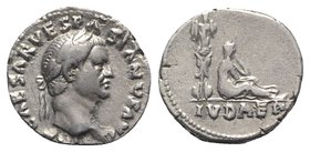 Vespasian (69-79). AR Denarius (18mm, 3.47g, 6h). “Judaea Capta” commemorative. Rome, 69-70. Laureate head r. R/ Trophy; to r., Judaea seated r. in at...